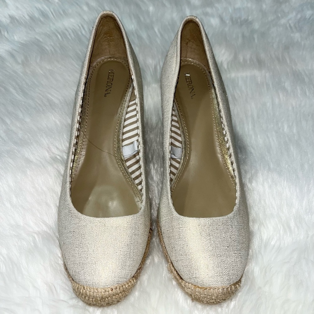 Merona Womens Wedge Heel Platform Espadrille~Ivory/Gold~Canvas Jute 4" Pumps 10.